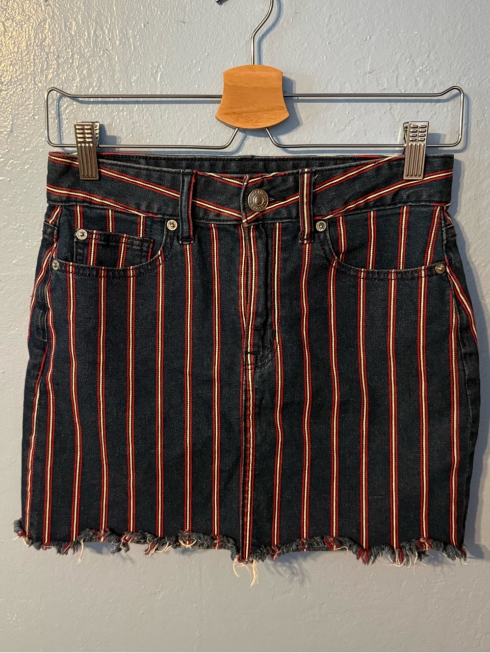 American Eagle Outfitters Black Denim Mini Skirt with Red Stripes